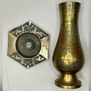2 Vintage Solid Brass Etched Colored Floral BudVase Zodiac Ashtray Trinket Dish